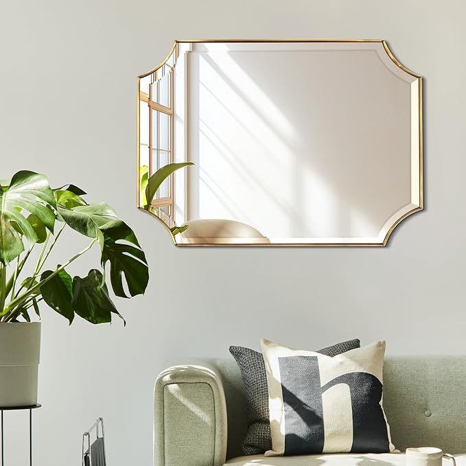 POZINO Brushed Gold Beveled Mirror, 22"x30" Brass Bathroom Vanity Mirror for Over Sink, Modern Rounded Rectangle Mirrors for Bedroom Living Room Fireplace Entryway, Hangs Horizontal Or Vertical