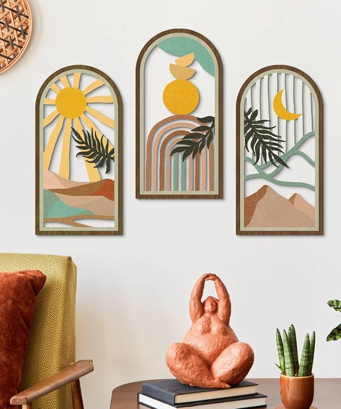 Putuo Decor Boho Wall Art Set of 3, Modern Minimalist Wooden Wall Decor, Nature-Inspired Abstract Aesthetic Room Decorations, Mid-Century Artwork for Living Room, Bedroom, Office (White, 16×8 in
