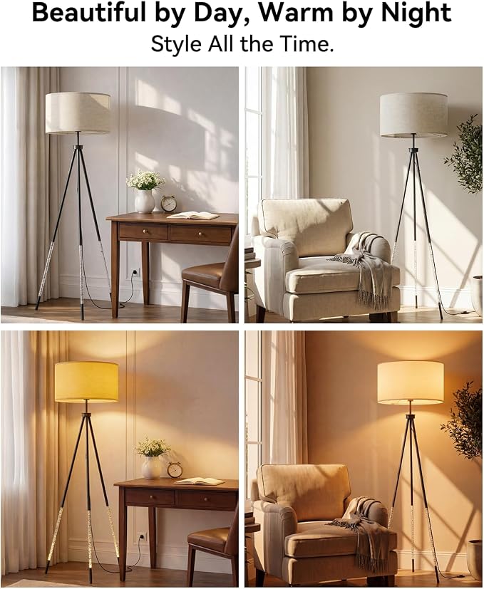 JOOFO Tripod Floor Lamp with Remote Control, Stepless Dimmable Tall Floor Lamp with Fabric Shade, Acrylic Bubble & Metal Pole Design, Modern Standing Lamp for Living Room Bedroom, Brushed Black