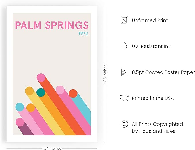 HAUS AND HUES Vintage Travel Posters: Pink Retro Art Prints, California Travel Posters for Room Aesthetic, Colorful Modern City Art Wall Decor, Danish Pastel Abstract Poster (Unframed, 24x36)