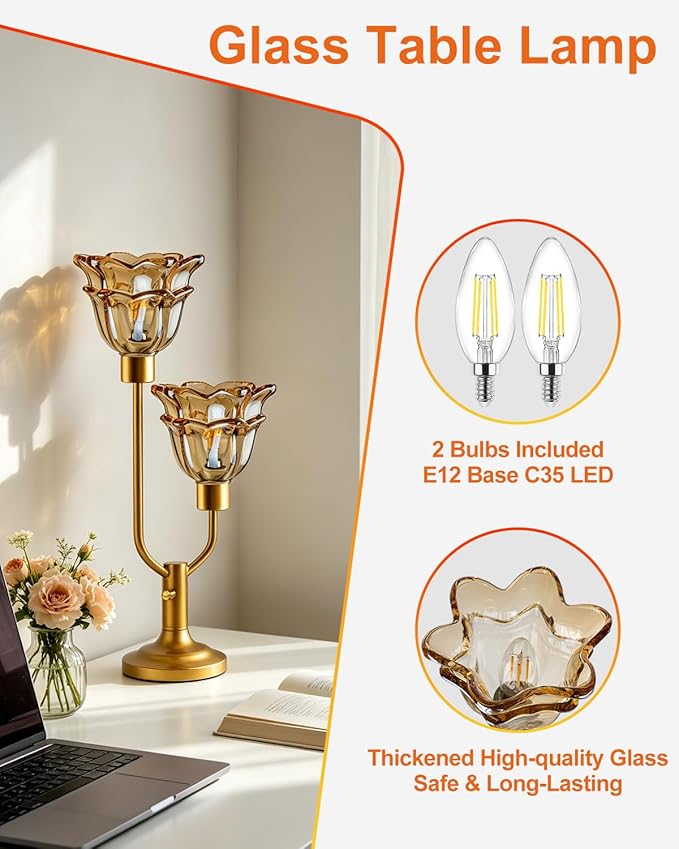 Lightdot Mid Century Modern Flower Table Lamp for Living Room Dimmable Nightstand Lamp Amber Glass Vintage Gold Desk Lamp 2 Bulbs Included Warmwhite Ambient Bedside Lamp for Bedroom Home Office Decor