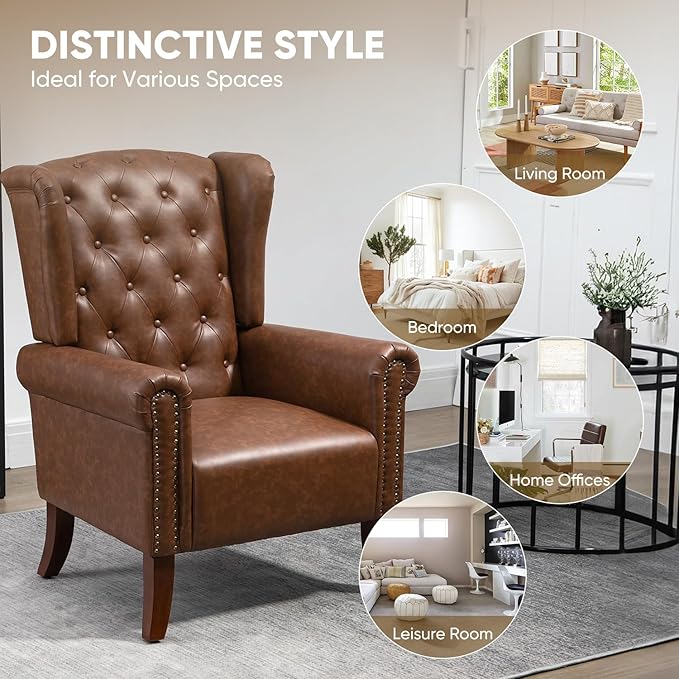 MOJAY Mid-Century PU Leather Accent Chair, Living Room Lounge Sofa Chair with Buttons, Single Club Armchair with Rivet Trim for Bedroom Home Reception (Brown)