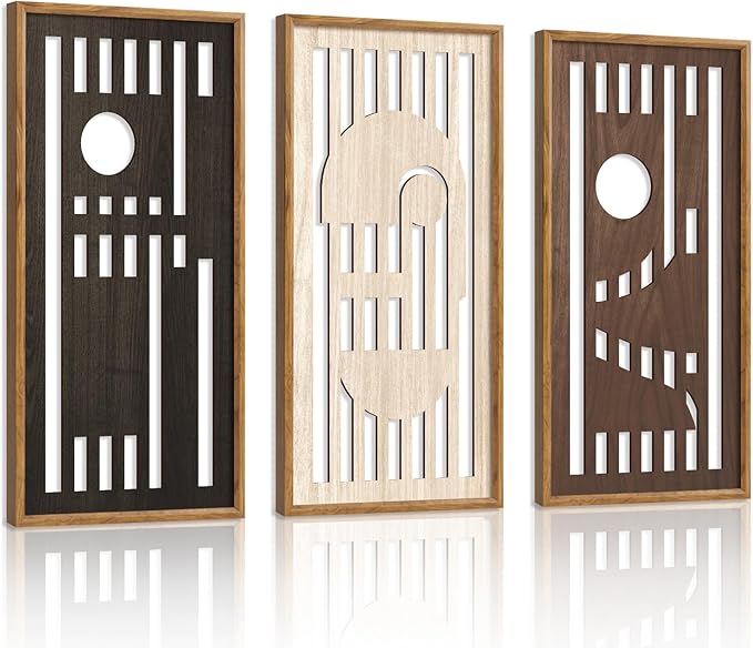 HPNIUB 3 PCS Boho Wall Decor,Black White Century Abstract Mask Geometric Line Carved Hanging Wood Sign for Living Room,8x16Inch Modern Neutral Wooden Plaque for Apartment Bedroom Office Decoration