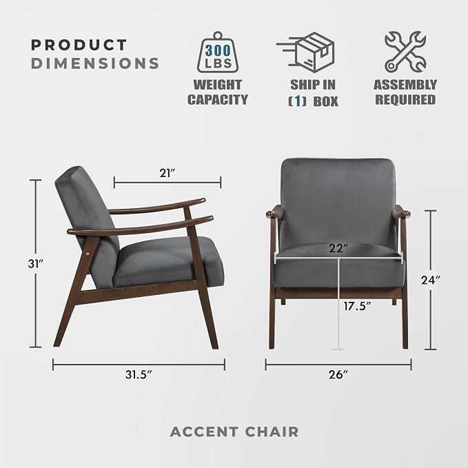 Lexicon Mid Century Modern Chair Velvet Accent Chair for Living Room Chair w/Solid Wood Armrests and Legs, Cushioned Seat and Backrest, Reading Chair and Lounge Chair for Bedrooms/Studios, Dark Grey