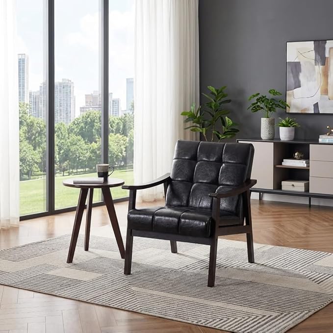 Mid-Century Modern Accent Chair, Upholstered Arm Chair Solid Wood Frame for Lounge, Living Room, Reading Room, Bedroom (Antique Black + PU Leather)