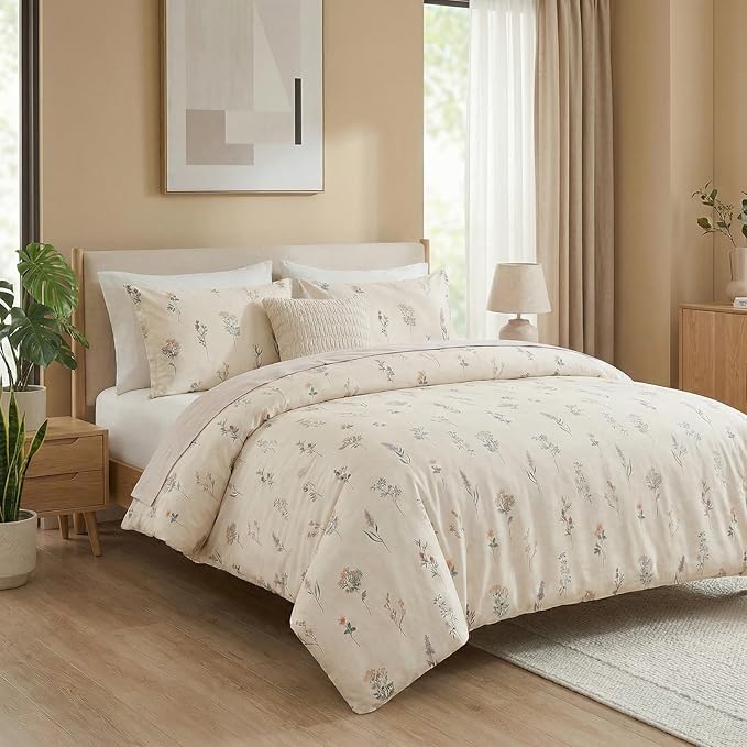 Cream Duvet Cover Set King Size 100% Washed Cotton Linen Like Textured Comforter Cover 3 Pcs Luxury Soft and Breathable Floral Duvet Cover with Zipper Closure