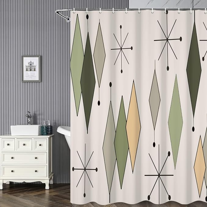 Boho Mid Century Shower Curtain Vintage Abstract Green Diamond Geometric Atomic Starburst Pattern for 1950s Retro Bathroom Decor Accessories Shower Curtain Set with 12 Hooks, 72x72 Inches