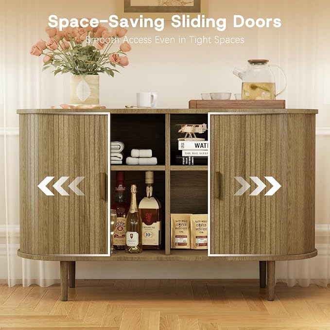 Fluted Sideboard Buffet Cabinet with Storage, 47" Mid-Century Modern Console Table with Sliding Doors, Wood Credenza for Dining Room, Coffee Bar Station, Brown