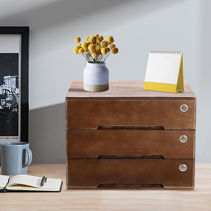 Desktop File Organizer with Lock, 2/3/4 Tier Multi-Drawer Wooden Storage Cabinet, Office Supply Organizer for Home Desk, Study & Workplace (Walnut, 3 Layers)