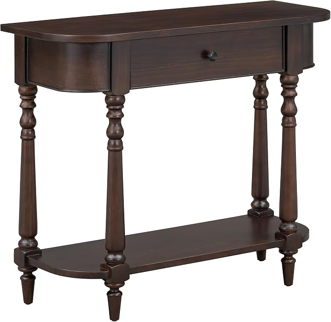 SOFTSEA Retro Curved Console Table with Drawer and Bottom Shelf, 36 inch Half Moon Entryway Table for Living Room Hallway, Espresso
