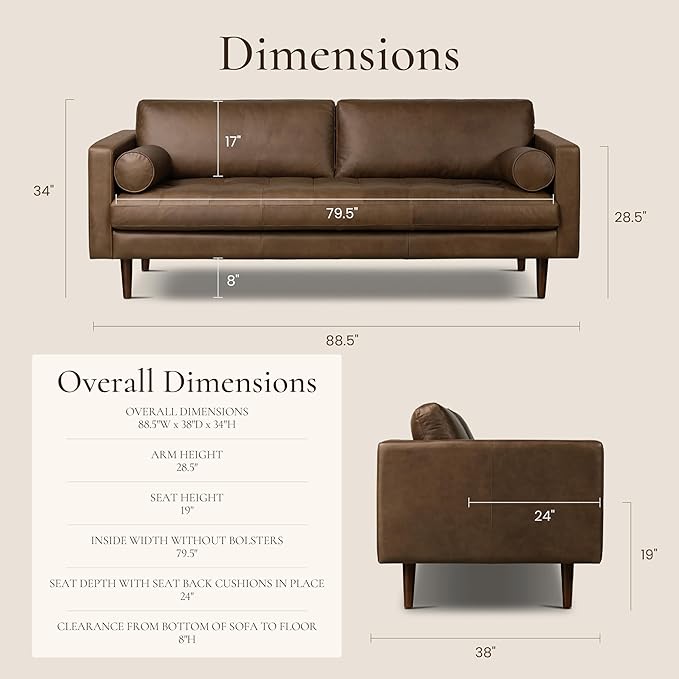 Poly & BARK Napa 88.5" Sofa – Cocoa Brown Full-Grain Pure-Aniline Italian Leather, Feather-Down Cushioning, Kiln-Dried Solid Wood Frame, Walnut Legs