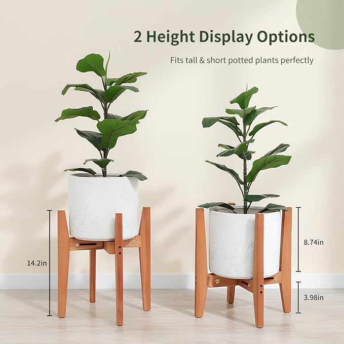 Wooden Adjustable Plant Stand, Mid Century Modern Metal Plant Holder for Indoor & Outdoor, Fits 8 to 15 Inch Planters, Heavy Duty Flower Pot Stand for Living Room, Corner, Patio (Brown,Pot & Plant Not Included)