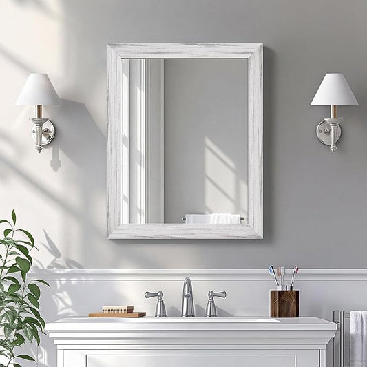 White Wood Effect Framed Wall Mirror, 16x20 Rectangle Mirror, 1/8" Anti-desilvering Tempered Glass, Sustainable& Sturdy Frame, Anti-Rust, HD Reflection &3min Fast Setup for Bathroom Living Room