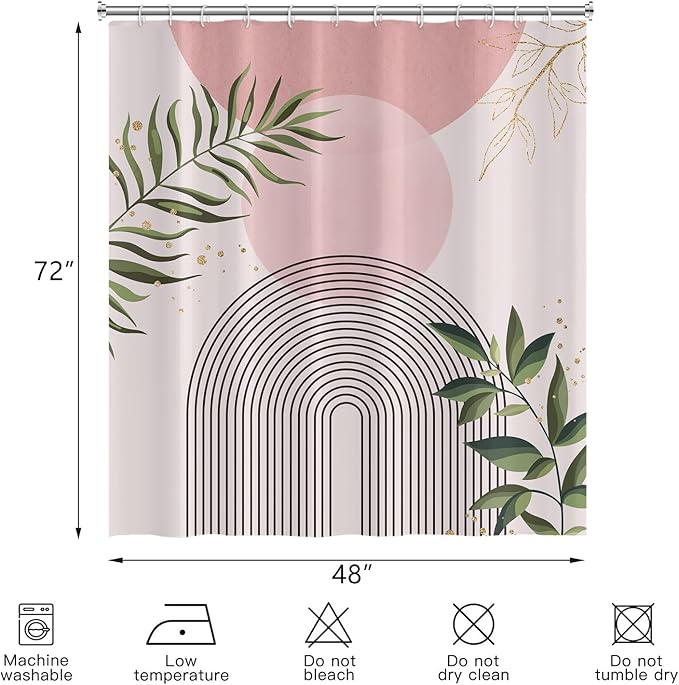 Boho Mid Century Shower Curtain, Pink Modern Minimalist Abstract Geometric Green Gold Plant Leaves Sun Arch Bathroom Curtains Waterproof Fabric Buthtub Curtain Set with Hooks 48" Wx72 L