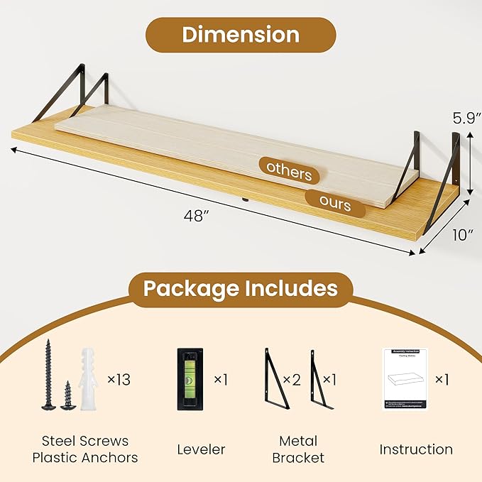 48inch Floating Shelves for Wall,10" Deep Floating Shelves with Metal Brackets,Wall Mounted Hanging Floating Shelf,Wide Display Shelves for Living Room,Bedroom,Office,Kitchen,Oak