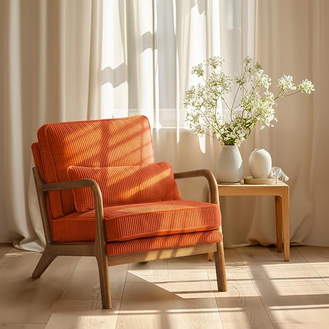 VINGLI Upgraded Premium Corduroy Accent Chair,Upholstered Arm Chair,Solid Wood Comfy Reading Chair with Lumbar Pillow, Mid Century Modern Chairs for Living Room,Bedroom,Burnt Orange