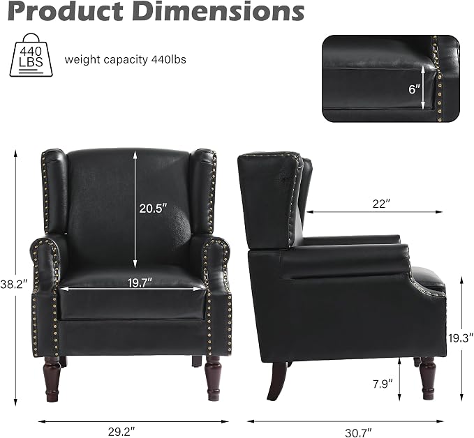 Faux Leather High Back Accent Chairs Set of 2, Upholstered Armchair for Living Room, Retro Wingback Arm Chair Nailhead Trim Single Sofa Bedroom Reading Seat with Solid Wood Legs - Black
