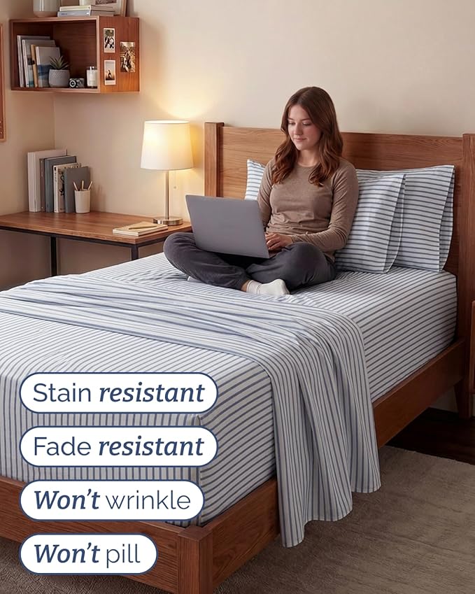 Extra Deep Twin XL Sheet Set - 4 Piece College Dorm Bed Sheets Set with Extra Deep Pockets - Ultra-Soft, Comfy & Breathable Bedding for Women, Men, Kids & Teens - Wrinkle & Fade Free - Blue Stripes 2