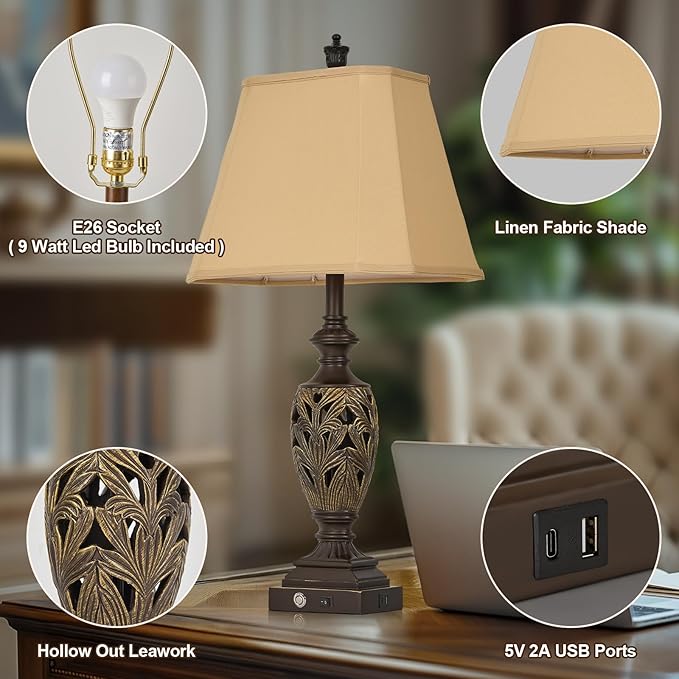 29.5"H Touch Traditional Table Lamp Set of 2,Vintage Bedside Nightstand Lamps with Dual USB and Night Light, 3-Color Hollow Out Leafwork Bronze Gold Finish Desk Lamps for Living Room,Bedroom
