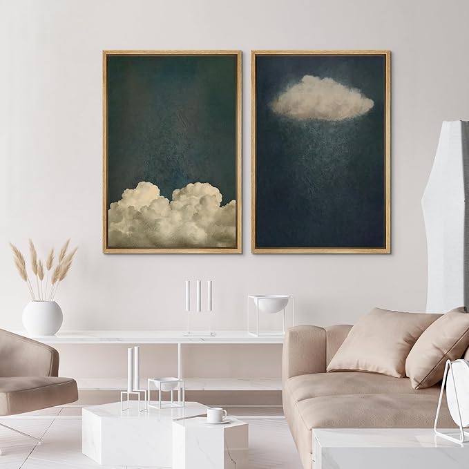 IDEA4WALL Framed Canvas Print Wall Art Set Dreamy Cloud Abstract Cloudscape Illustrations Modern Art Decorative Coastal Cottage Seascape for Bedroom - 24"x36"x2 NATURAL