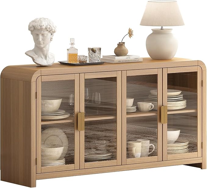 Oak&Sparrow Oak Sideboard Buffet Cabinet with Storage, 60'' Boho Buffets & Sideboards with Adjustable Shelves, Sideboard Cabinet with 4 Glass Doors for Living Room, Hallway & Kitchen