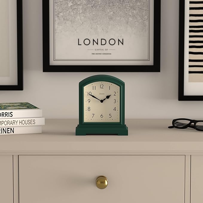JONES CLOCKS® Tavern Mantel Clock | Modern Arch top Design | Dark Green | Contemporary Classic Style for Desk, Table, Shelf or Bedside