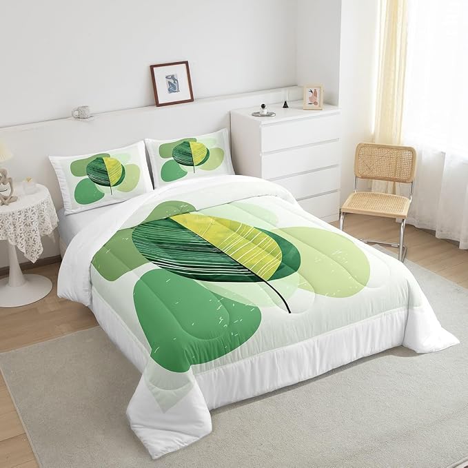 Erosebridal Green Modern Comforter King Mid Century Bedding Set, Hippie Minimalist Down Comforter Abstract Leaves Bed Set, Aesthetic Geometric Quilted Duvet White Bedroom Decoration