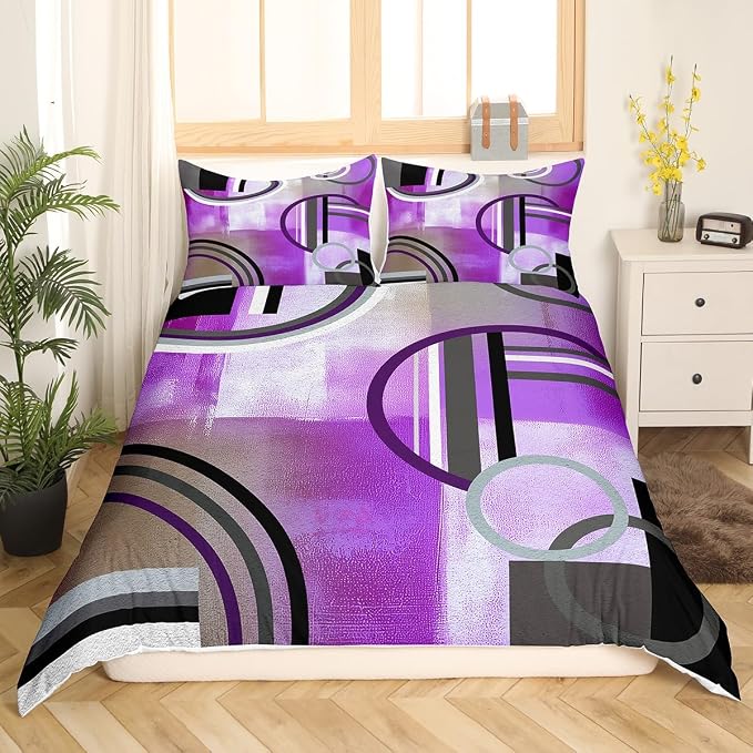 Erosebridal Ombre Purple Grey Comforter Cover Queen, Oil Painting Circles Duvet Cover Bedroom Decor,Modern Geometric Stripes Lines Bedding Set,Abstract Grunge Artwork Quilt Cover 3 Pcs with Zipper