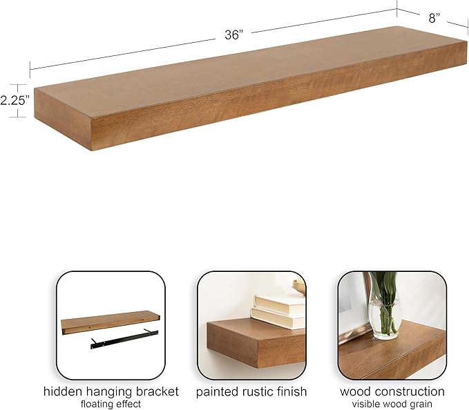 Kate and Laurel Havlock Modern Natural Floating Shelf; 36 x 8; Rustic Wood; Functional Bathroom and Kitchen Shelf for Storage and Display