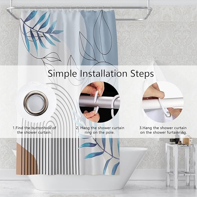Abstract Mid Century Bathroom Shower Curtain Bohemian Eucalyptus Leaves Stripes Arch Light Blue Shower with Hooks Waterproof Fabric Polyester Home Decor, 36x72 Inch