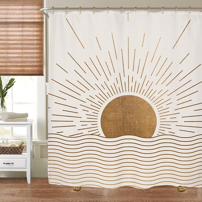 Miyotaa Sun Minimalist Shower Curtain Set 71Wx71H Inches Mid Century Sunrise Sunset Vintage Aesthetic Retro Polyester Waterproof Cloth Bathroom Curtain with 12 Hooks