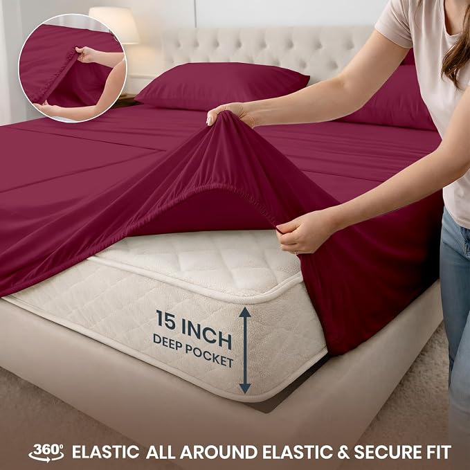 SGI Split King Sheet Set for Adjustable Bed Egyptian Premium Cotton 600 Thread Count Sheets for Sleep Number Bed 15" Deep Pocket 5 Pc Set with 2 Twin XL Fitted Sheets Soft Breathable -Burgundy