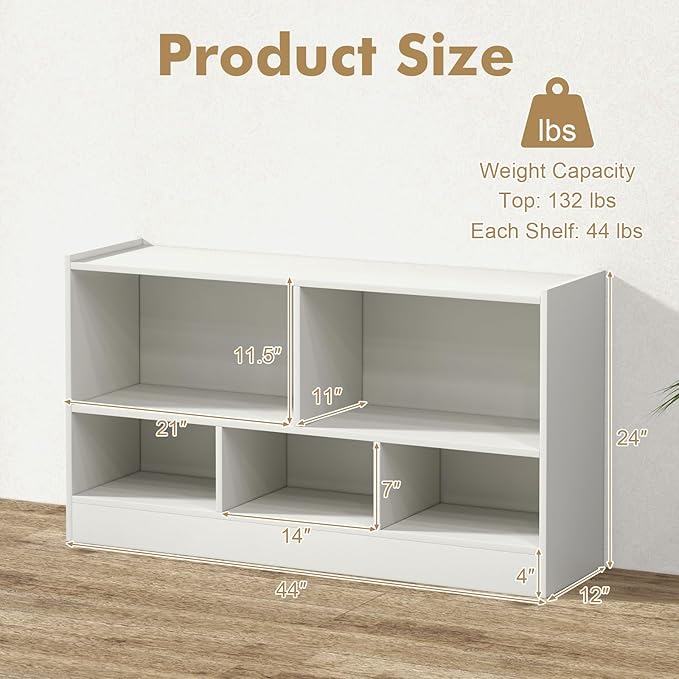 DORTALA 2-Tier Bookcase, 5 Cube Wood Storage Cube Bookshelf, Floor Standing Display Storage Shelf with Non-Slip Foot Pads, Storage Organizer Bookcase for Home Office, Living Room (White)