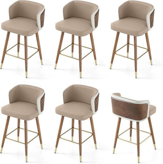 ARTPLAN Mid Century Modern Bar Stools Set of 6 for Counter Height - Leather Upholstered Seat with Walnut Wood Frame, Retro 34 Inch Bar Chairs for Home Kitchen Island, Bar, Breakfast Nook,Apricot