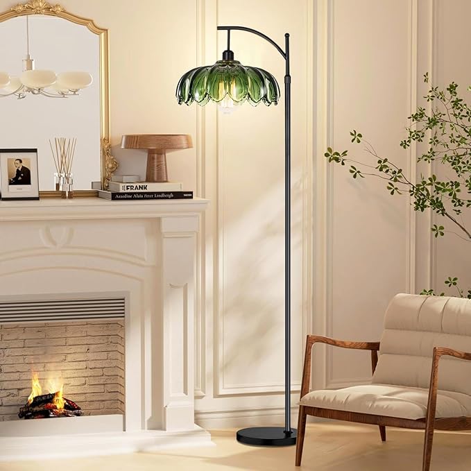 Glass Floor Lamp for Living Room,Bedroom,Mid Century Modern Standing Lamp with Remote,Dimmable Black Tall Lamp Lamp Vintage Retro Arc Floor Lamps Flower Floor Light Boho Bohemian