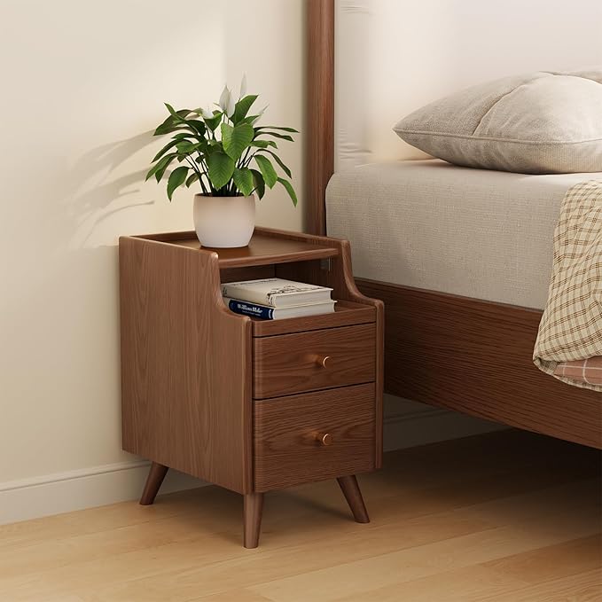 AQIMUELE Wood Nightstand, Walnut Nightstand with 2 Drawers, Bedside Table for Bedroom