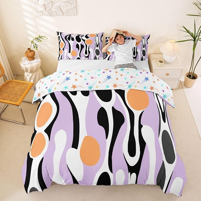 Erosebridal Mid Century Modern Abstract Duvet Cover Set Vintage Geometric King Bedding Set for Adult Men Contemporary Organic Shapes Comforter Cover Squiggle Blob Bed Sets,Lavender Peach