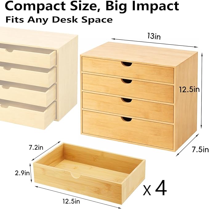Neando Bamboo Desk Organizer with Drawers, 4-Tier Wooden Desk Organizer, Small Desktop Storage for Office Supplies, Makeup, Accessories, Space-Saving Organizer for Desk, Vanity & Home