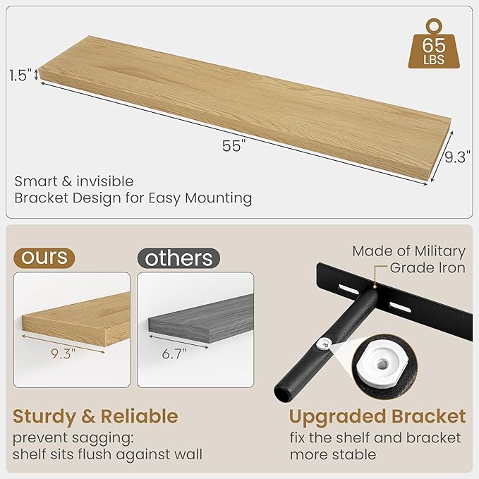 55"W x 9.3"D Floating Shelves for Wall, Wall Mounted Bathroom Shelves 1 Pack Deep Floating Shelf for Bedroom Kitchen Living Room, Rustic Wooden Wall Shelf with Invisible Bracket for Books Decor