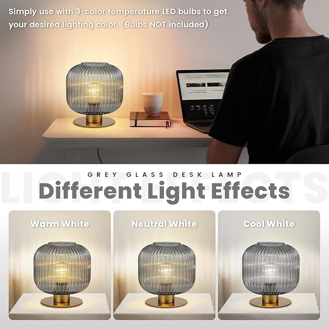 Gray Table Lamps for Bedroom Set of 2, Mid Century Gold Table Lamp with Smoke Glass Shade, Ribbed Desk Lamp Decorative Side Table Lamps for Living Room Office Corner Shelf