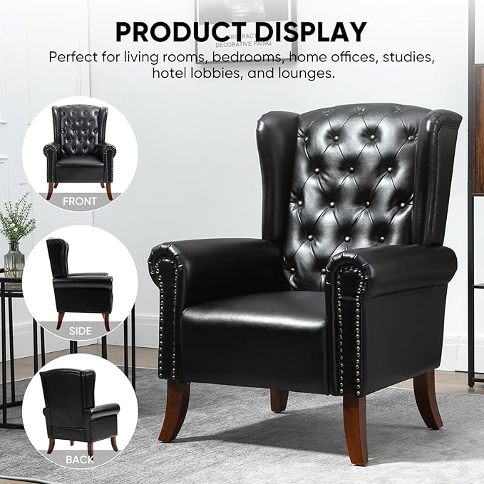 MOJAY Faux Leather Accent Chairs Set of 2, Mid-Century Modern Living Room Chairs Upholstered Club Arm Chair, Single Sofa Chair with Solid Wooden Legs for Bedroom Study Home Office Lounges (Black)