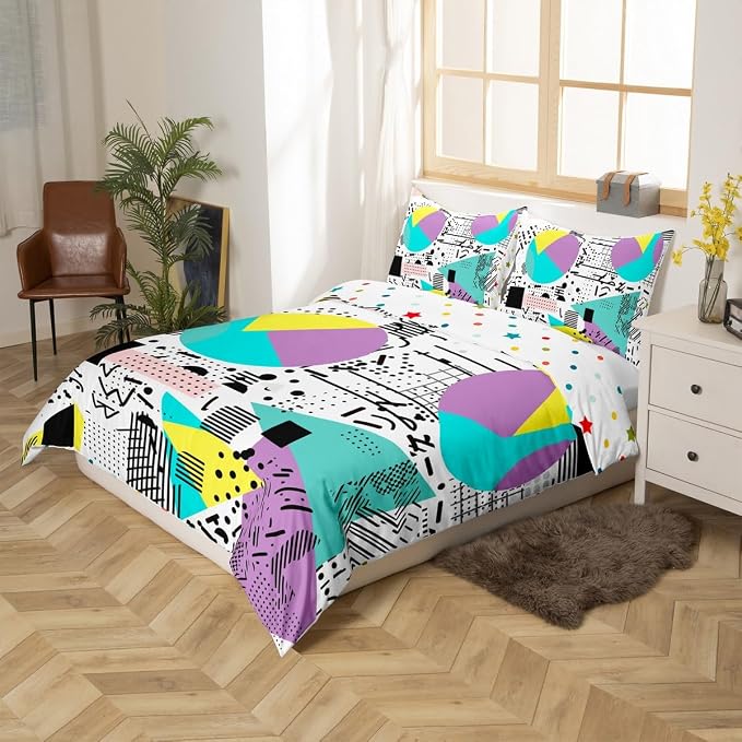 80s Bedding Set Memphis Pattern Old Fashion Comforter Cover,Vintage 90s Memphis Style Duvet Cover Abstract Geometric Pattern Retro Bed Set Full,Rainbow Urban Modern Circles Triangle Room Decor