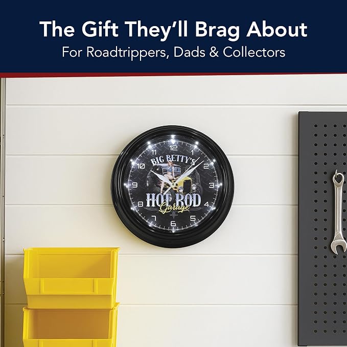 American Art Decor Big Betty's Hot Rod Garage Pinup Girl LED Clock - 12" Wall Mounted Diamond Plated Wall Decor - Wall Clock for Living Room, Dorm, Mancave, Garage, Office (Black/White/Yellow)