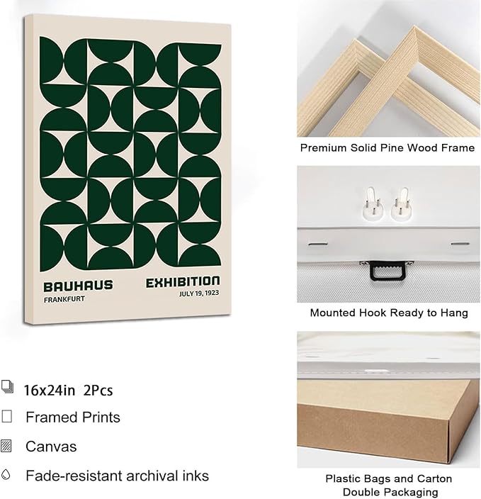 2Pcs Bauhaus Mid Century Modern Wall Art Retro Exhibition Posters Prints Green Boho Geometric Abstract Minimalist Wall Decor Pictures for Bedroom iving Room Dining Room Framed (Green, 16x24in Framed)