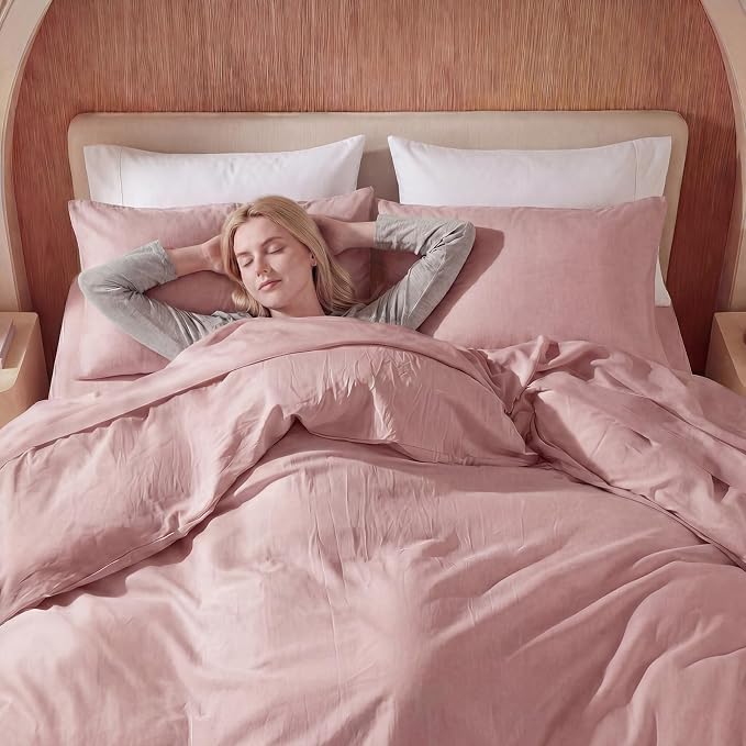 100% Washed Cotton Duvet Cover King Size – Red Pink, Linen-Like Texture, Super Soft & Breathable Bedding Set, 3-Piece Durable Percale Comforter Cover