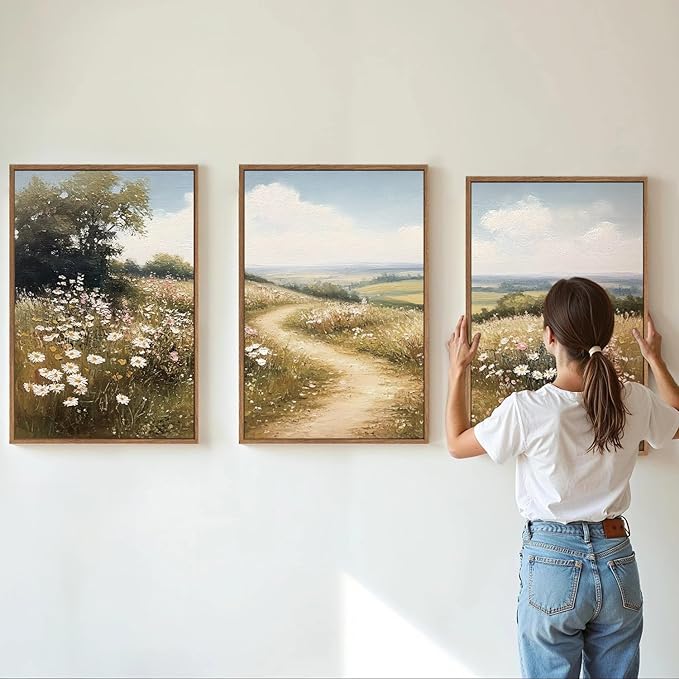Rantodecor Rustic French Country Framed Canvas Wall Art, Vintage Flower Field Wall Decor, Calming Nature Landscape Art Paintings, Modern Wildflower Artwork for Farmhouse Bedroom Living Room 16"x24"x3