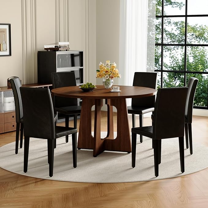 47" Round Dining Table Set for 6, Walnut Wood Grain Table and 6 Black PU Leather Upholstered Chairs Set, Mid Century Modern Kitchen Table Set with Cross Legs