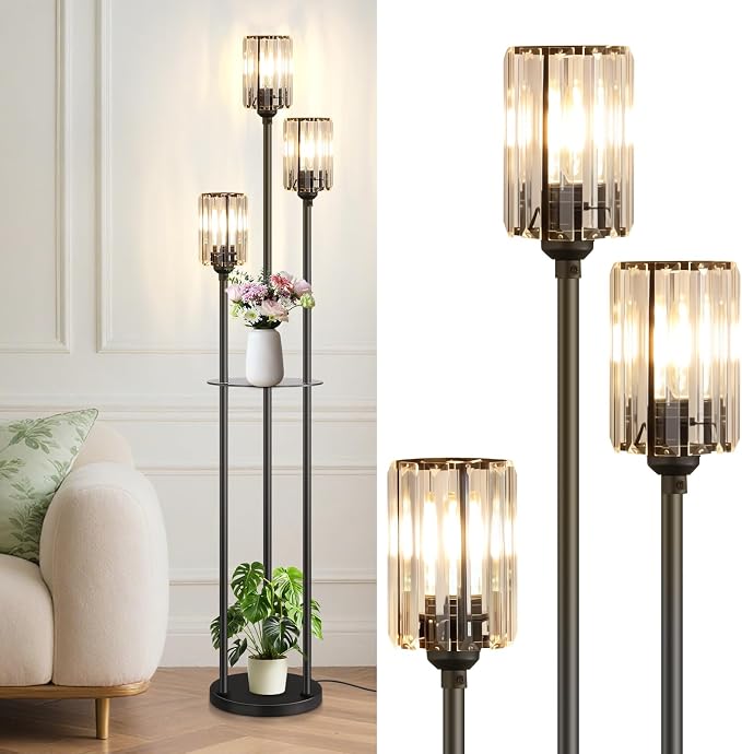Crystal Floor Lamps for Living Room, Glass Modern Floor Lamp with Shelves, Mid Century Standing Lamps with Table, Brass Tall Lamp with Crystal Shade Vintage Retro Corner Floor Lamp (Black)