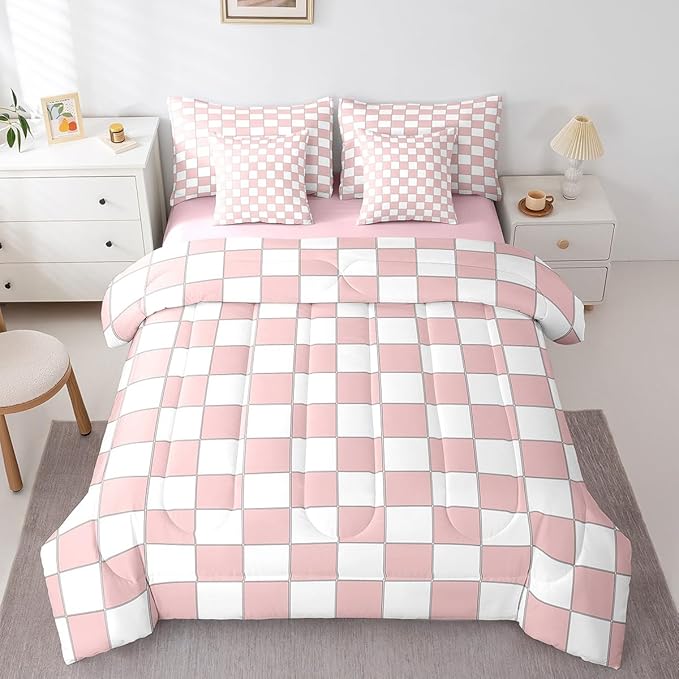 Erosebridal White Pink Plaid Queen Comforter Set with Sheets 7 Piece Light Pink Checkerboard Bedding Set for Kids Girls Teen,Checkered Grid Bed in A Bag Modern Aesthetic Geometric Bed Set