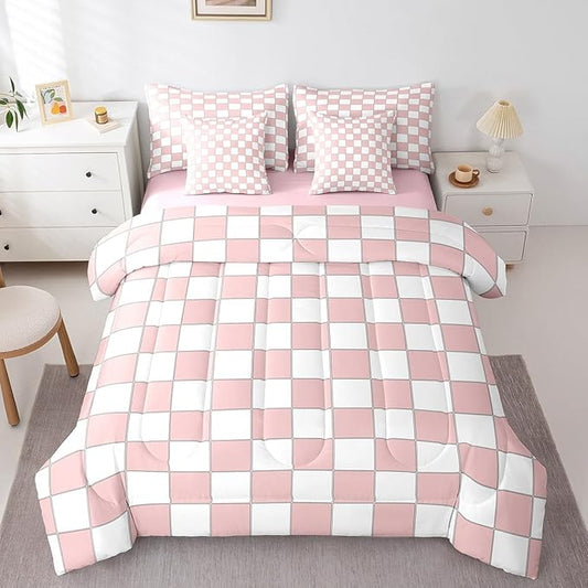 Erosebridal White Pink Plaid Queen Comforter Set with Sheets 7 Piece Light Pink Checkerboard Bedding Set for Kids Girls Teen,Checkered Grid Bed in A Bag Modern Aesthetic Geometric Bed Set